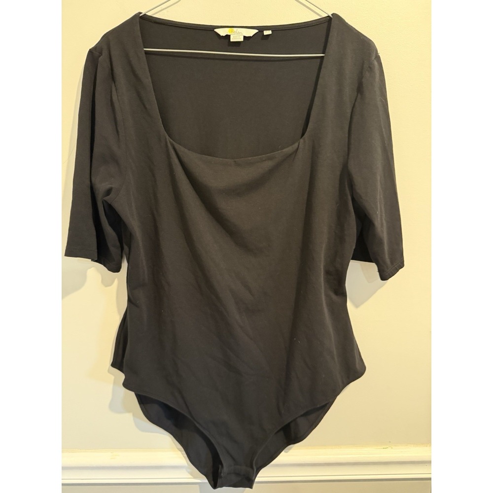 Boden Bodysuit 2 Black And White Deep Square Neckline Size 14 Short Sleeves
